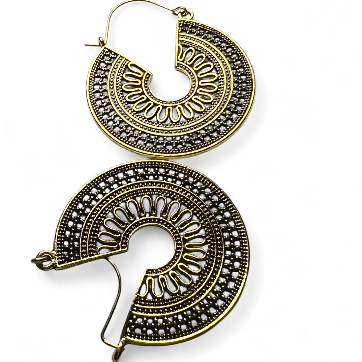 Indian Surya Brass Hoop Earrings Tribal Filigree Sun God Design Dangle Jewlery 12$